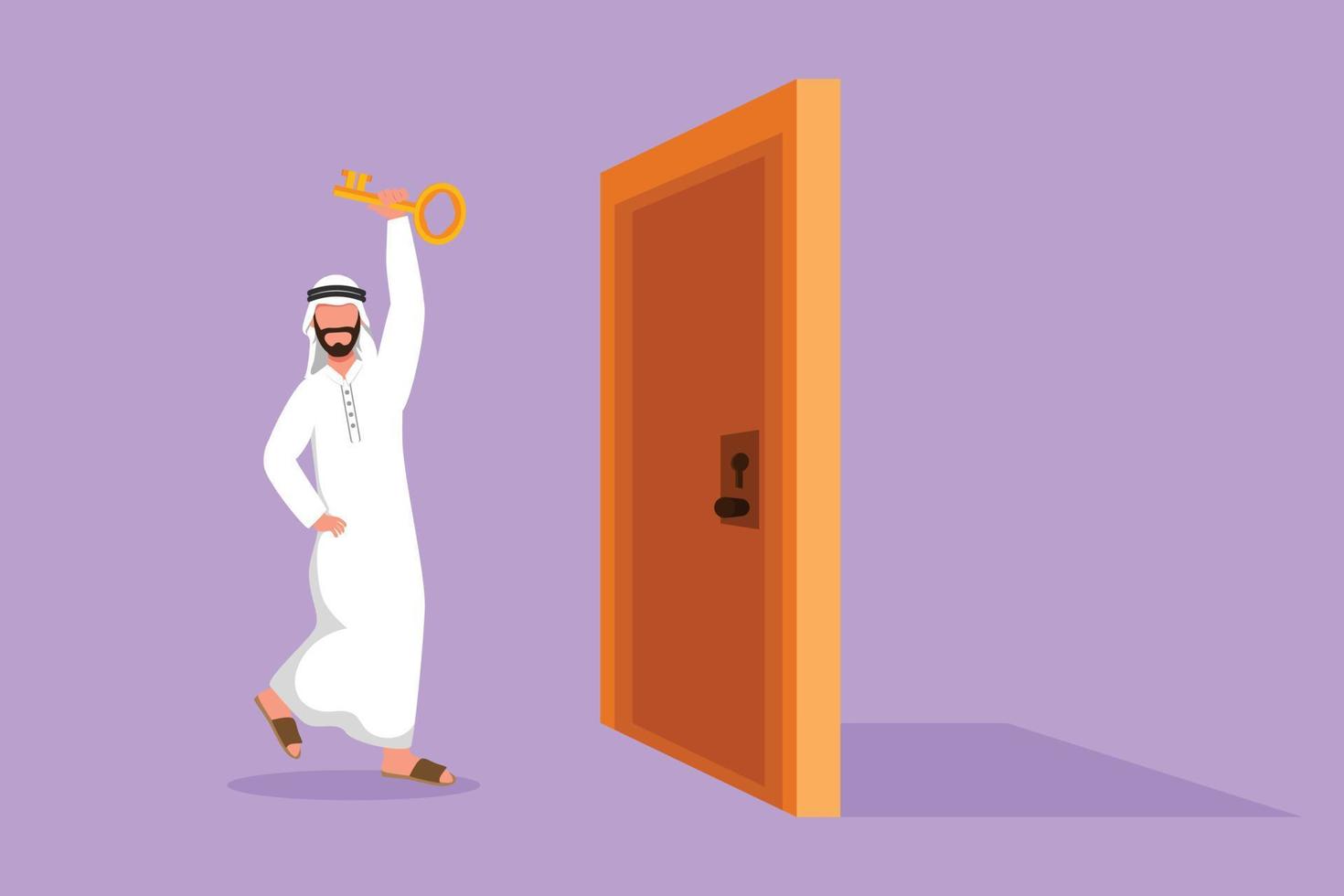 Character flat drawing young Arab businessman lifting key in front of door. Man holding key to open office room door. Starting morning with success spirit to work. Cartoon design vector illustration