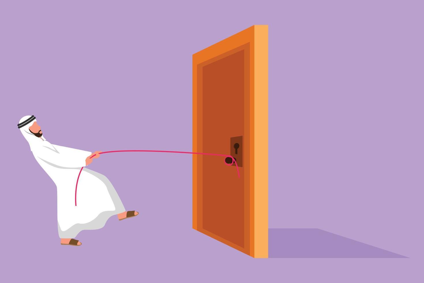 Character flat drawing young Arab businessman pulling door with rope, metaphor to facing big problem. Business struggles in market competition. Strength for success. Cartoon design vector illustration