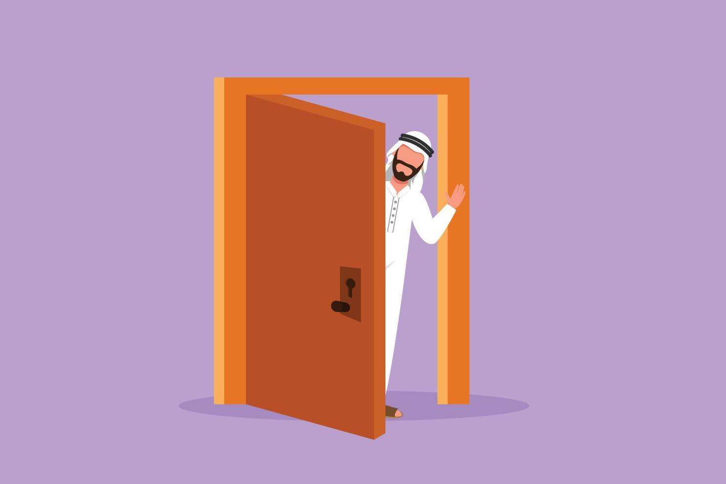 Graphic flat design drawing Arab businessman looking from behind open door. Happy man peeking of door and wave hands. Male standing in doorway. Waiting guest to come. Cartoon style vector illustration