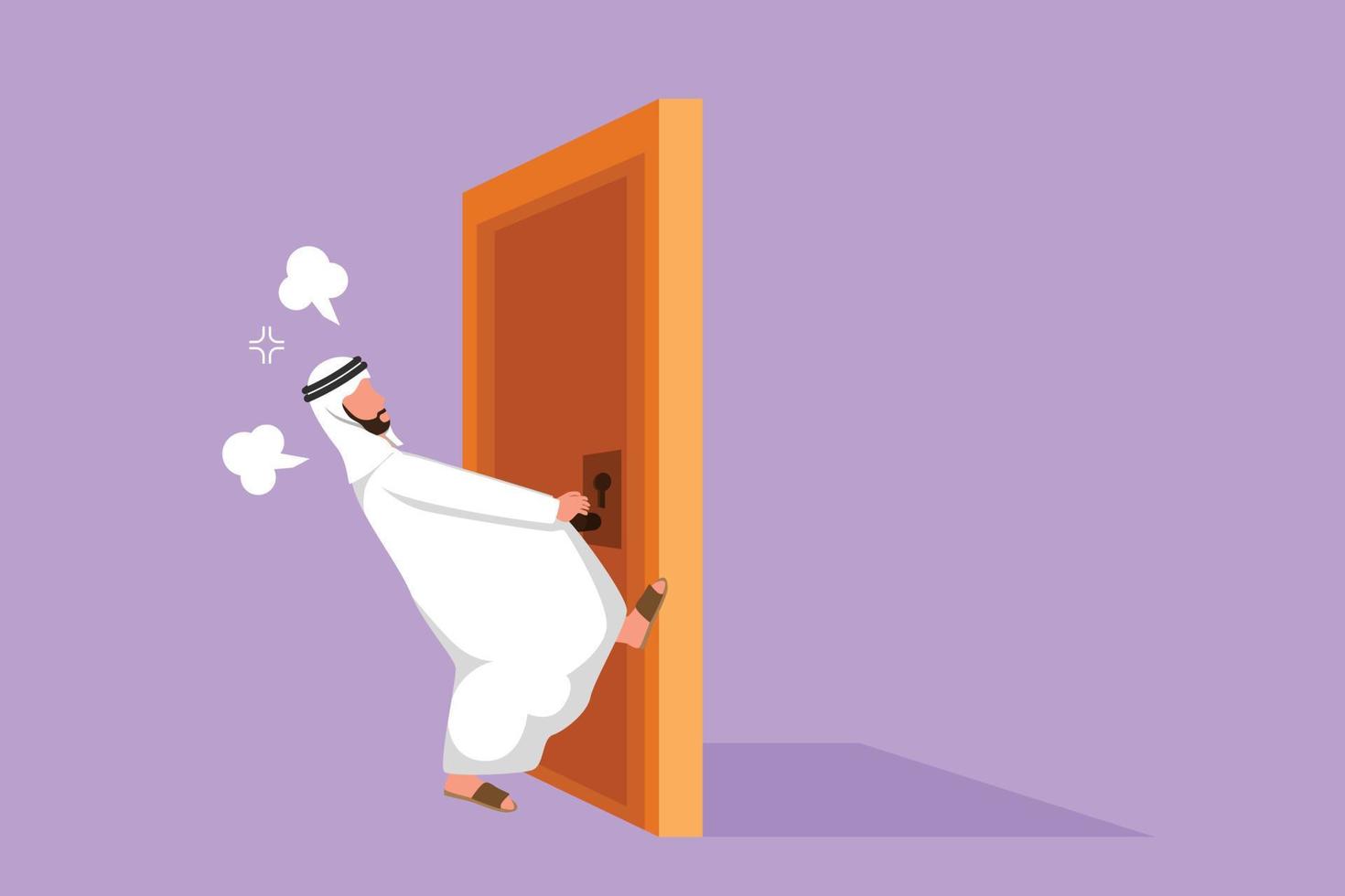 Character flat drawing Arab businessman pulling closed door knob with power. Business struggles metaphor. Strength for success in competition. Opening closed door. Cartoon design vector illustration