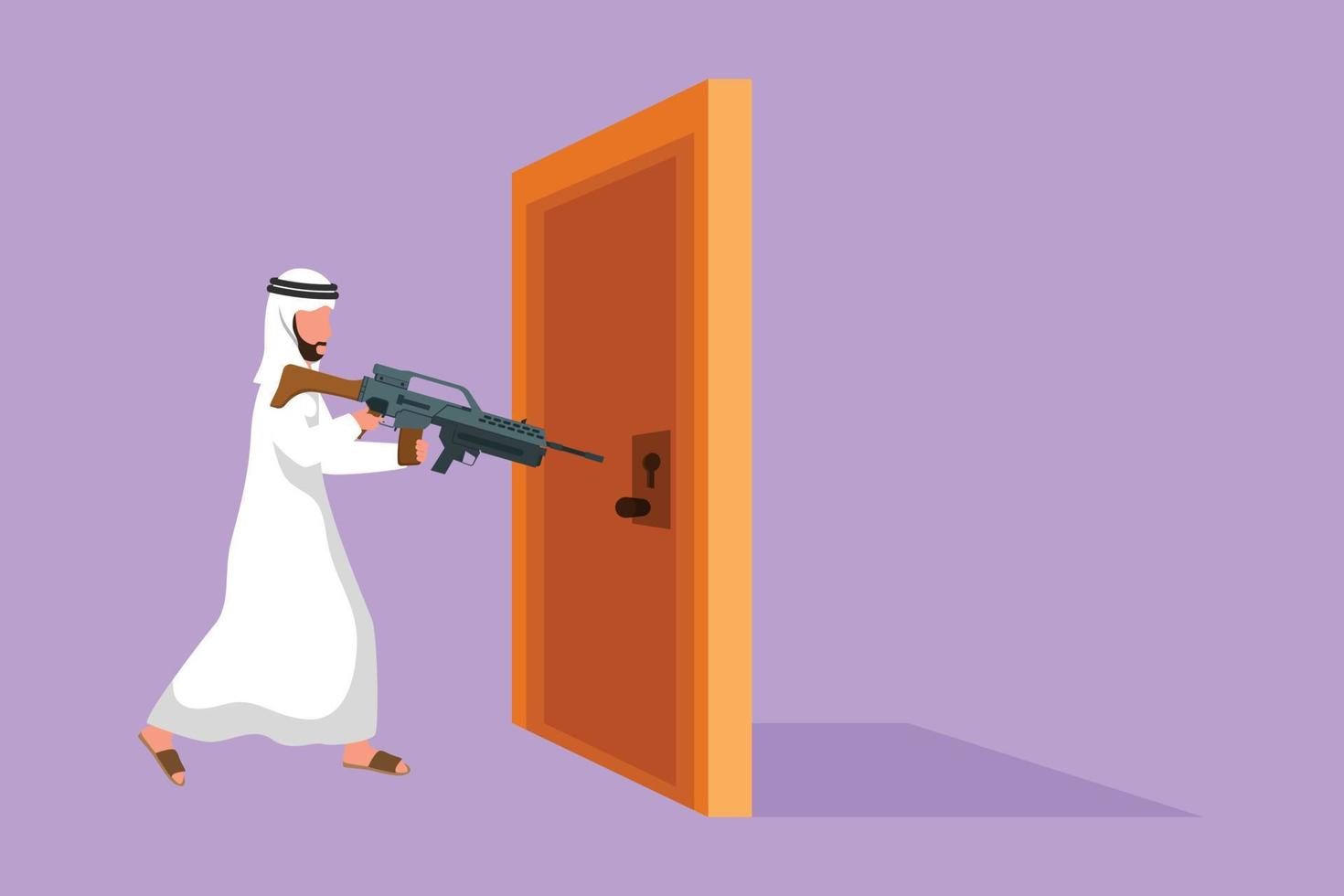 Character flat drawing Arab businessman pointing shotgun at doorknob. Business breakthrough struggle. The power to succeed or winning competition. Open closed door. Cartoon design vector illustration