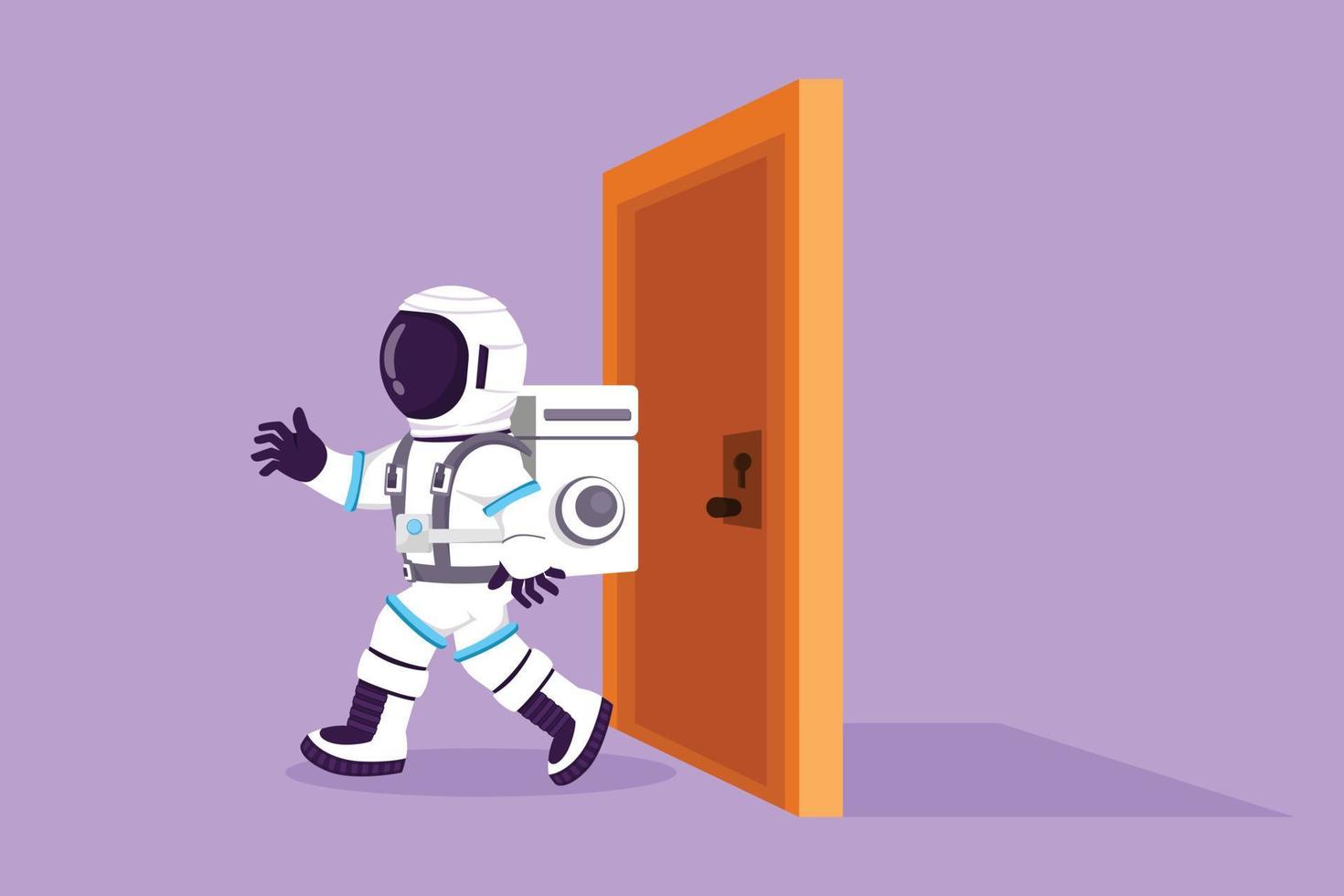 Cartoon flat drawing of young astronaut walking and leaving closed door in moon surface. Career growth or vision in new market metaphor. Cosmic galaxy space concept. Graphic design vector illustration