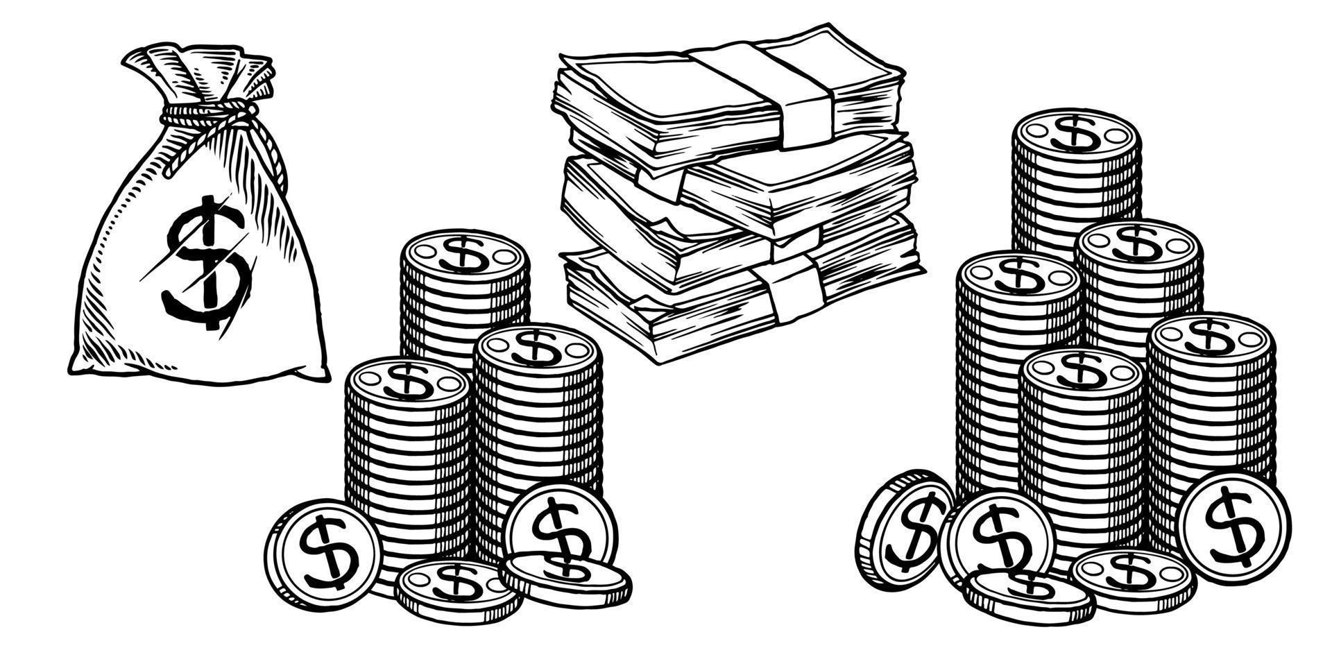Hand drawing of money drawing set isolated on white background. vector
