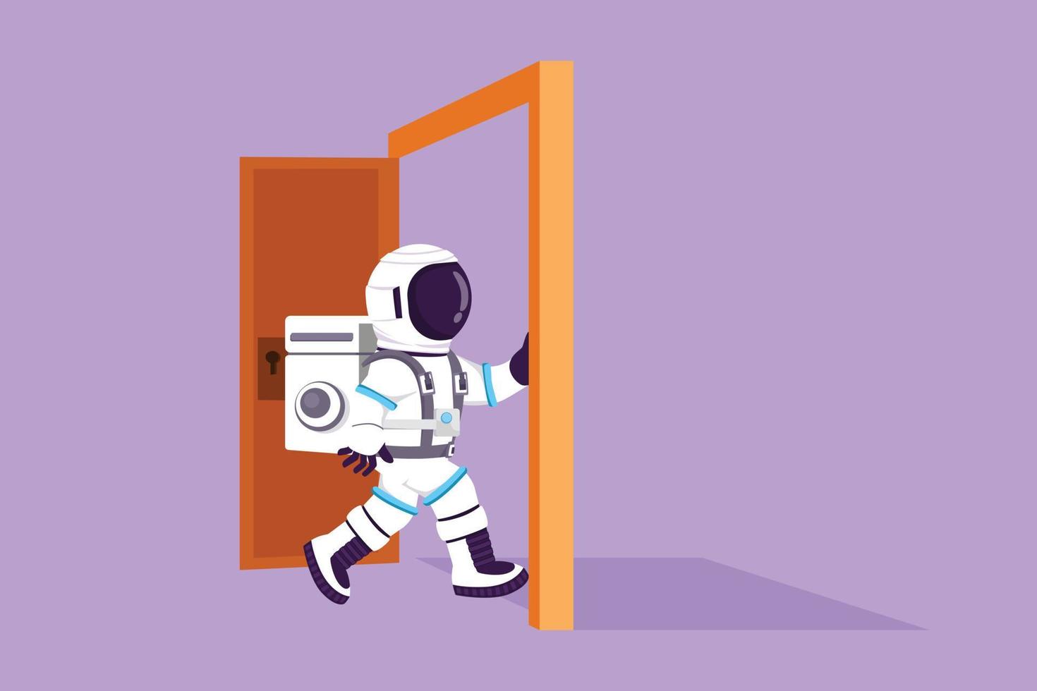 Graphic flat design drawing young astronaut enters the room through the door in moon surface. Spaceman walking to opened door. Starting new day. Cosmonaut deep space. Cartoon style vector illustration