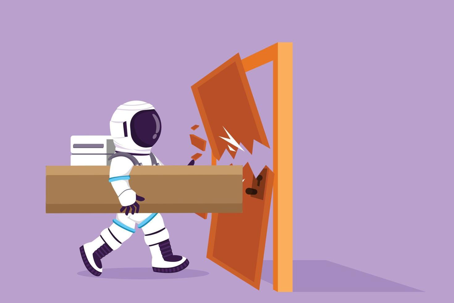 Character flat drawing young astronaut holding large log and destroying door in moon surface. Destroying obstacles with power and brute force. Cosmonaut outer space. Cartoon design vector illustration