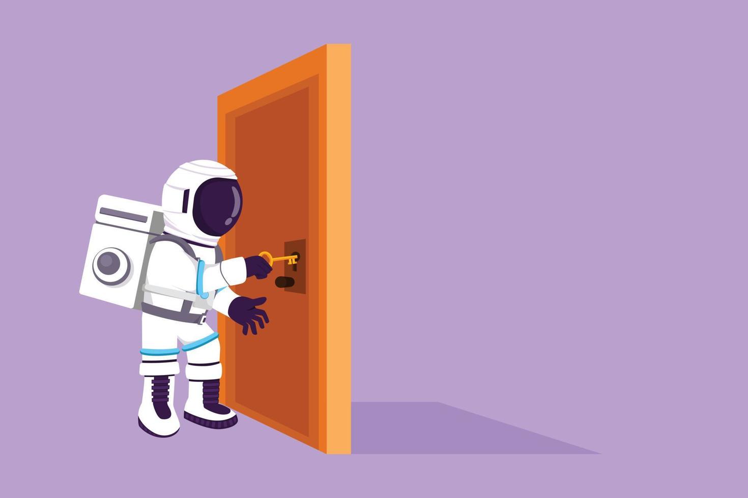 Cartoon flat style drawing young astronaut inserts key into keyhole which is on the door in moon surface. Spaceman open door with key. Cosmic galaxy space concept. Graphic design vector illustration