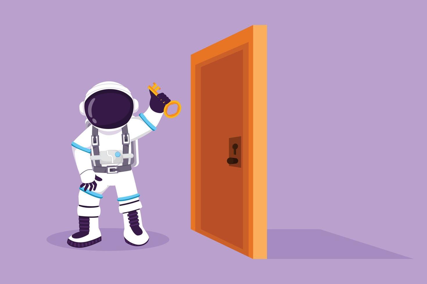 Cartoon flat style drawing young astronaut lifting key in front of door in moon surface. Spaceman holding key to open office room door. Cosmic galaxy space concept. Graphic design vector illustration