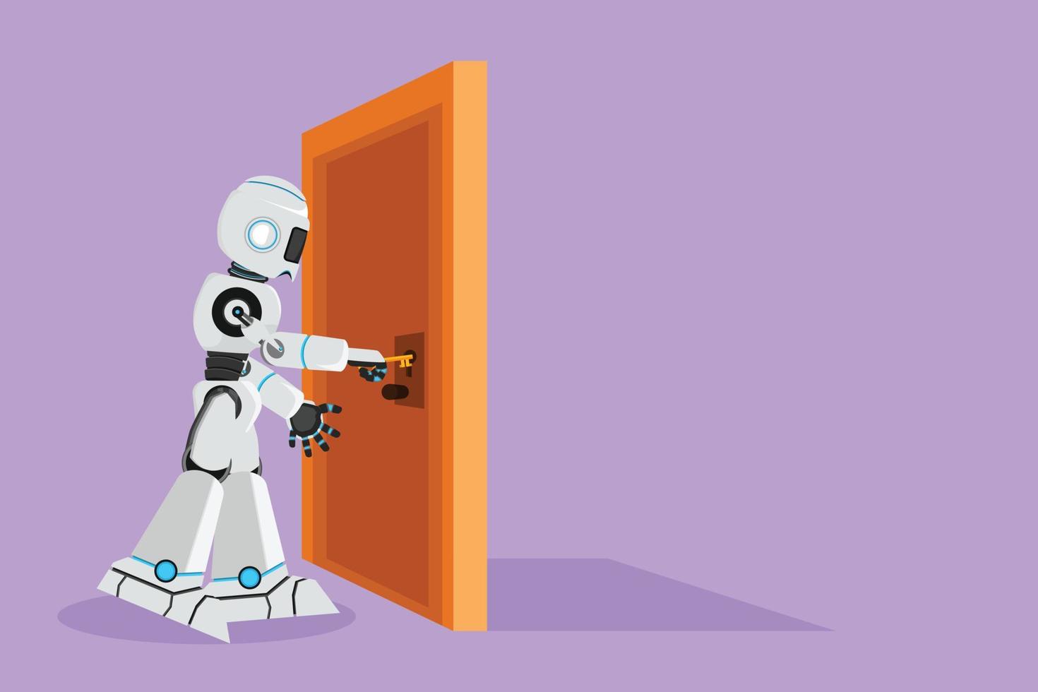 Cartoon flat style drawing robot inserts key into keyhole which is on the door. Open office room door with key. Robotic artificial intelligence. Technology industry. Graphic design vector illustration