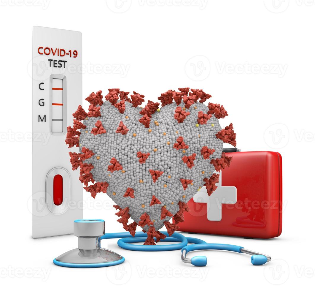 heart next to a stethoscope, a red suitcase and a test photo