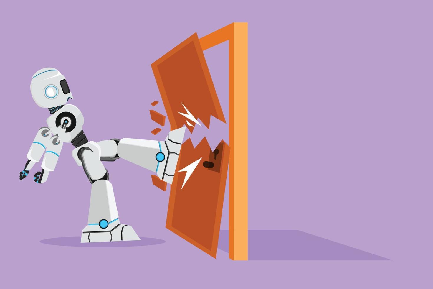 Character flat drawing robot kicks the door until door shattered. Business concept of overcoming obstacles. Humanoid robot cybernetic organism. Robotic development. Cartoon design vector illustration