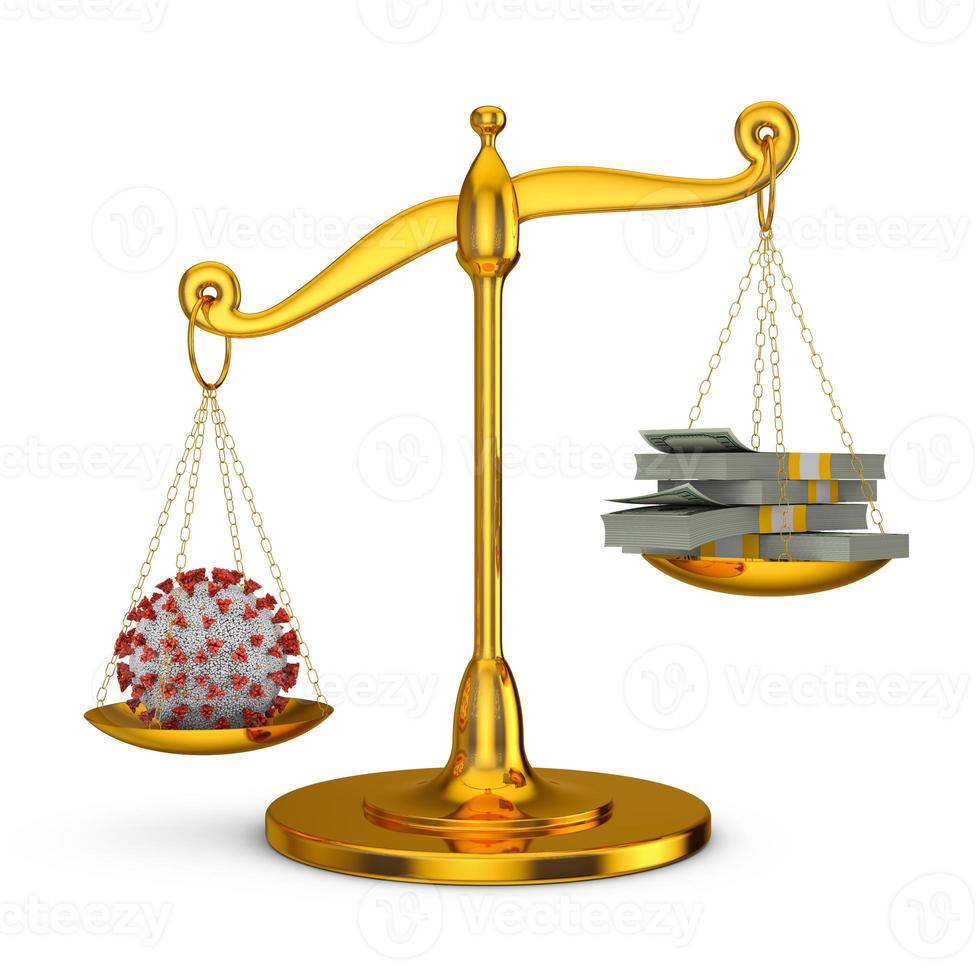 scales with coronavirus and dollars photo