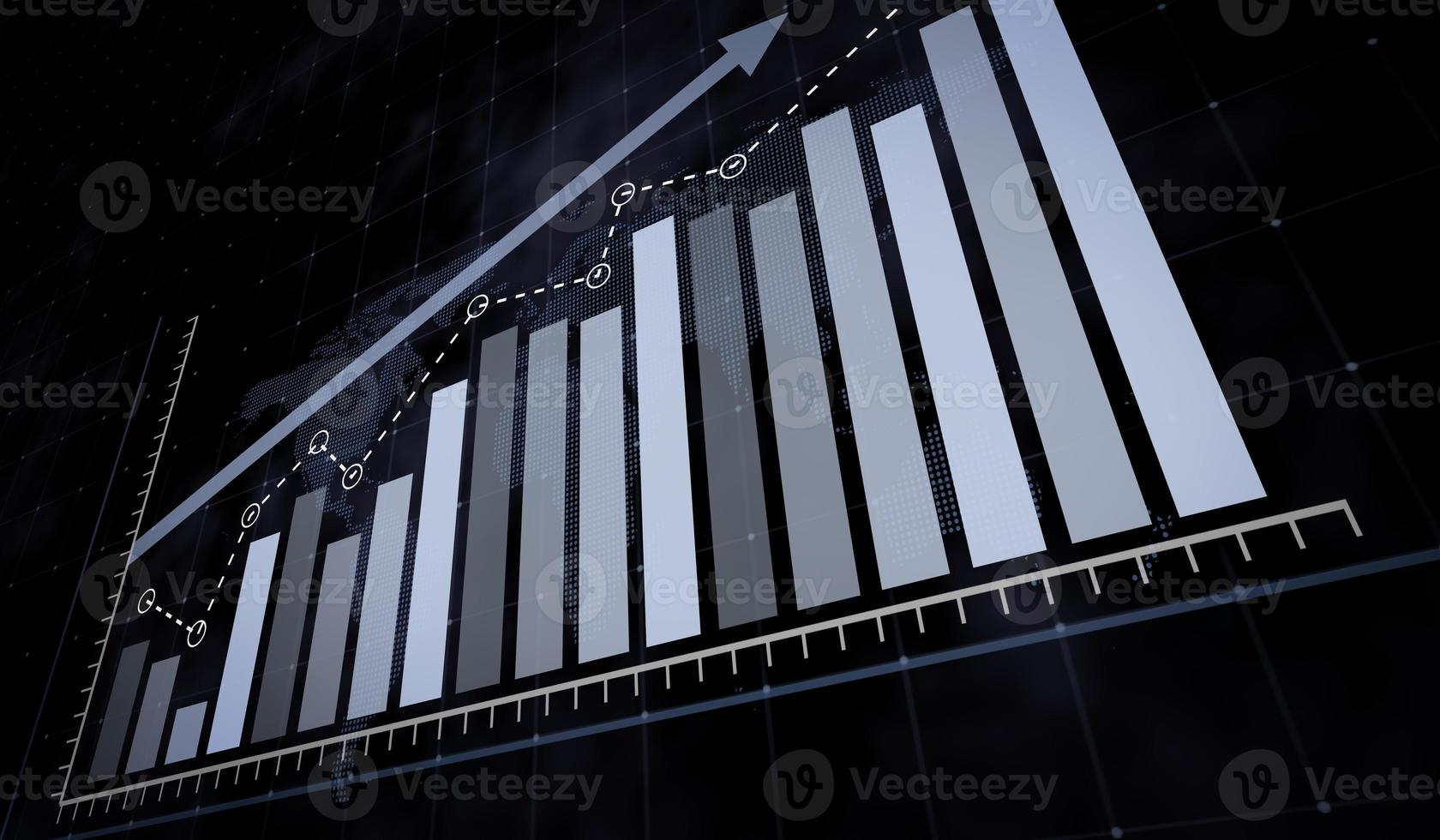 rising blue bar graph and dotted world map photo