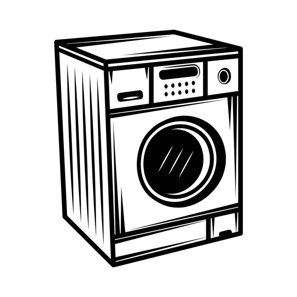 lavadora retro antigua. se puede usar como emblema, logotipo, placa, etiqueta. marca, cartel o impresión. arte gráfico monocromático. ilustración vectorial grabado xilografía vector