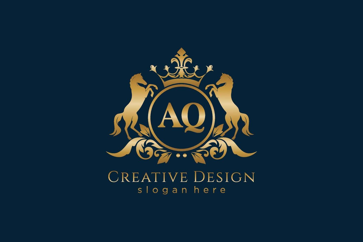 initial AQ Retro golden crest with circle and two horses, badge template with scrolls and royal crown - perfect for luxurious branding projects vector