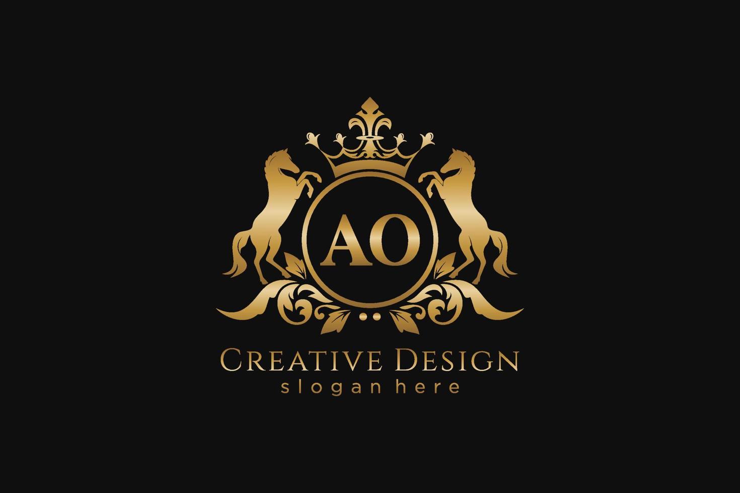 initial AO Retro golden crest with circle and two horses, badge template with scrolls and royal crown - perfect for luxurious branding projects vector