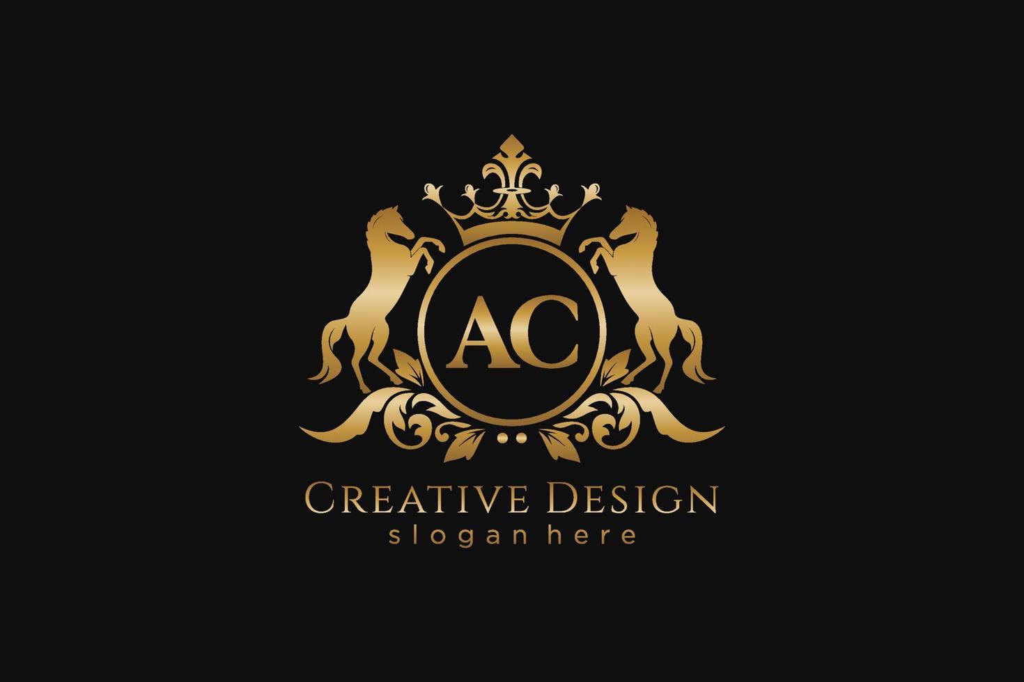 initial AC Retro golden crest with circle and two horses, badge template with scrolls and royal crown - perfect for luxurious branding projects vector