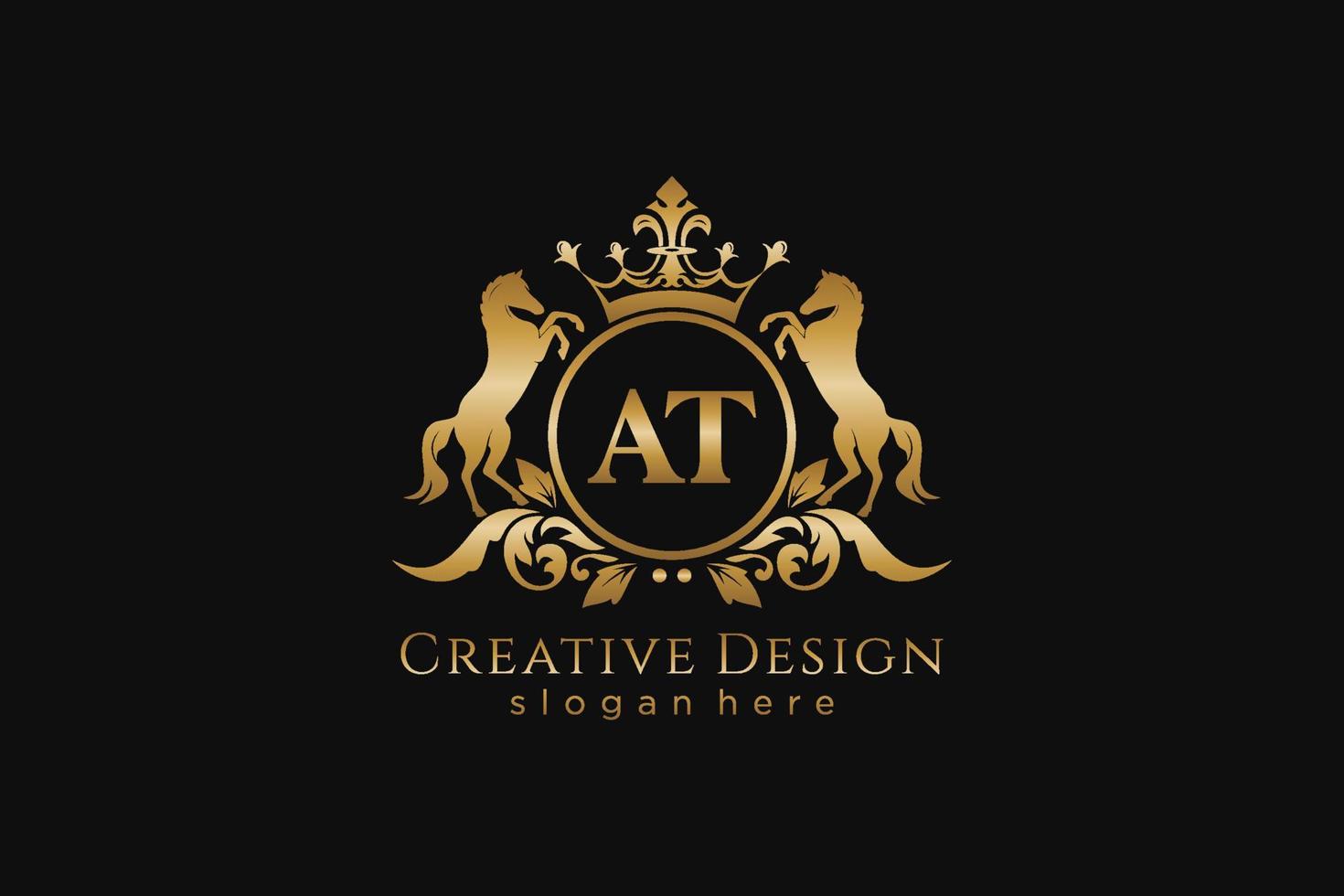 initial AT Retro golden crest with circle and two horses, badge template with scrolls and royal crown - perfect for luxurious branding projects vector
