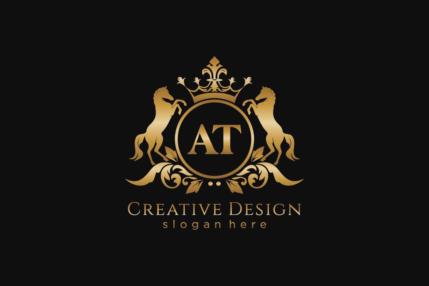 initial AT Retro golden crest with circle and two horses, badge template with scrolls and royal crown - perfect for luxurious branding projects vector