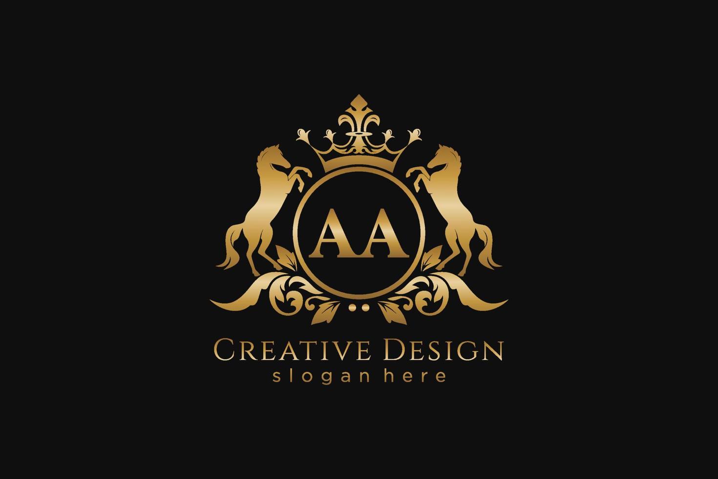 initial AA Retro golden crest with circle and two horses, badge template with scrolls and royal crown - perfect for luxurious branding projects vector