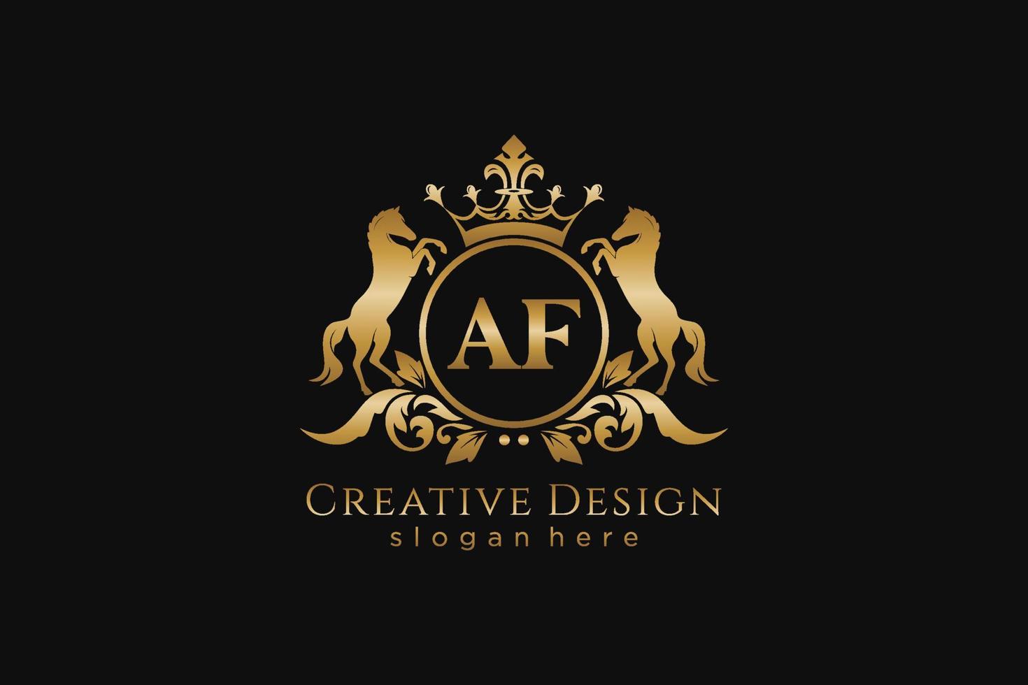 initial AF Retro golden crest with circle and two horses, badge template with scrolls and royal crown - perfect for luxurious branding projects vector