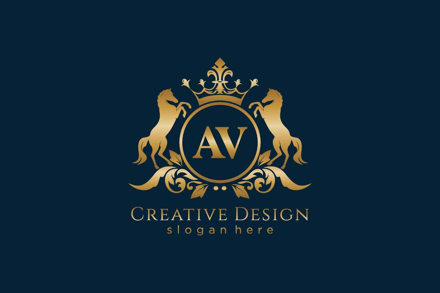 initial AV Retro golden crest with circle and two horses, badge template with scrolls and royal crown - perfect for luxurious branding projects vector