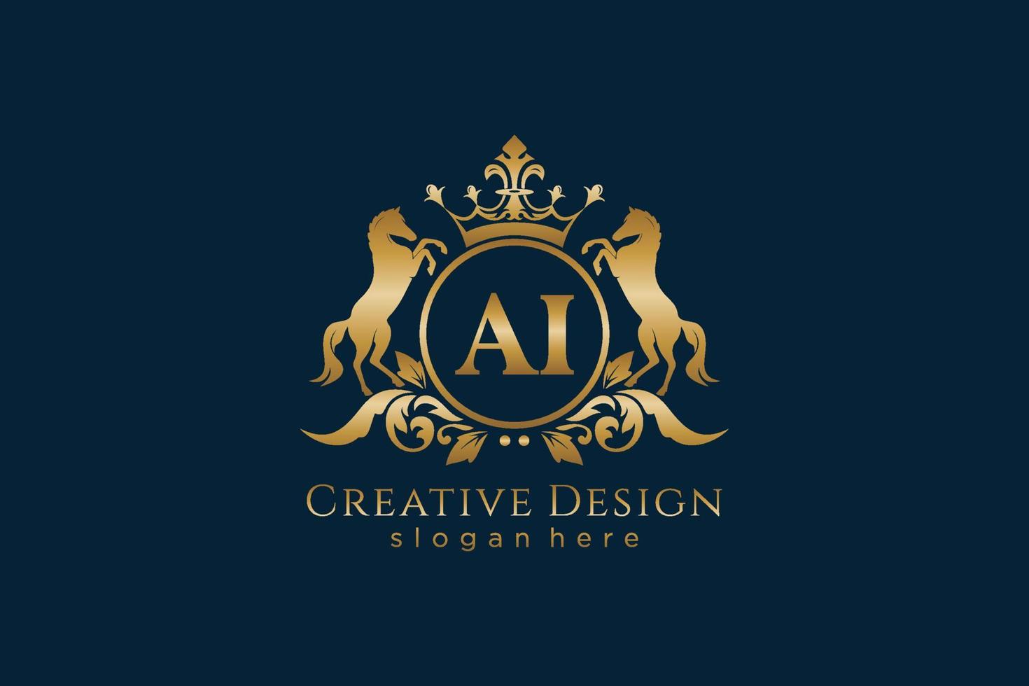 initial AI Retro golden crest with circle and two horses, badge template with scrolls and royal crown - perfect for luxurious branding projects vector