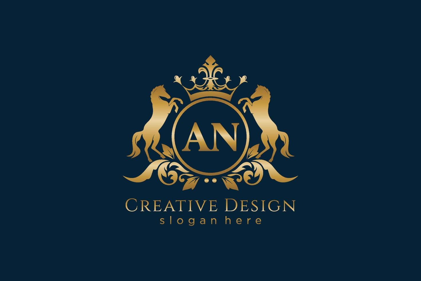 initial AN Retro golden crest with circle and two horses, badge template with scrolls and royal crown - perfect for luxurious branding projects vector