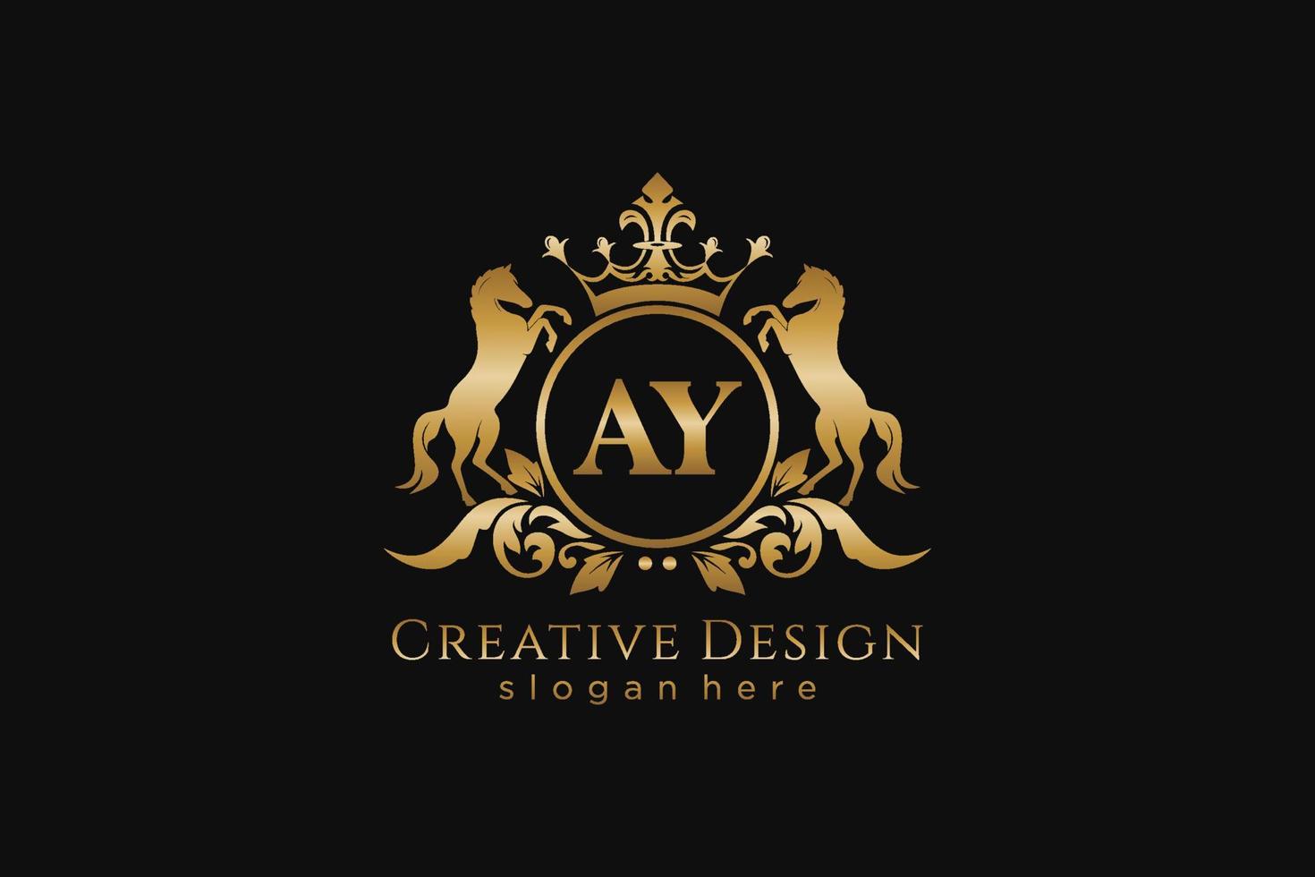 initial AY Retro golden crest with circle and two horses, badge template with scrolls and royal crown - perfect for luxurious branding projects vector