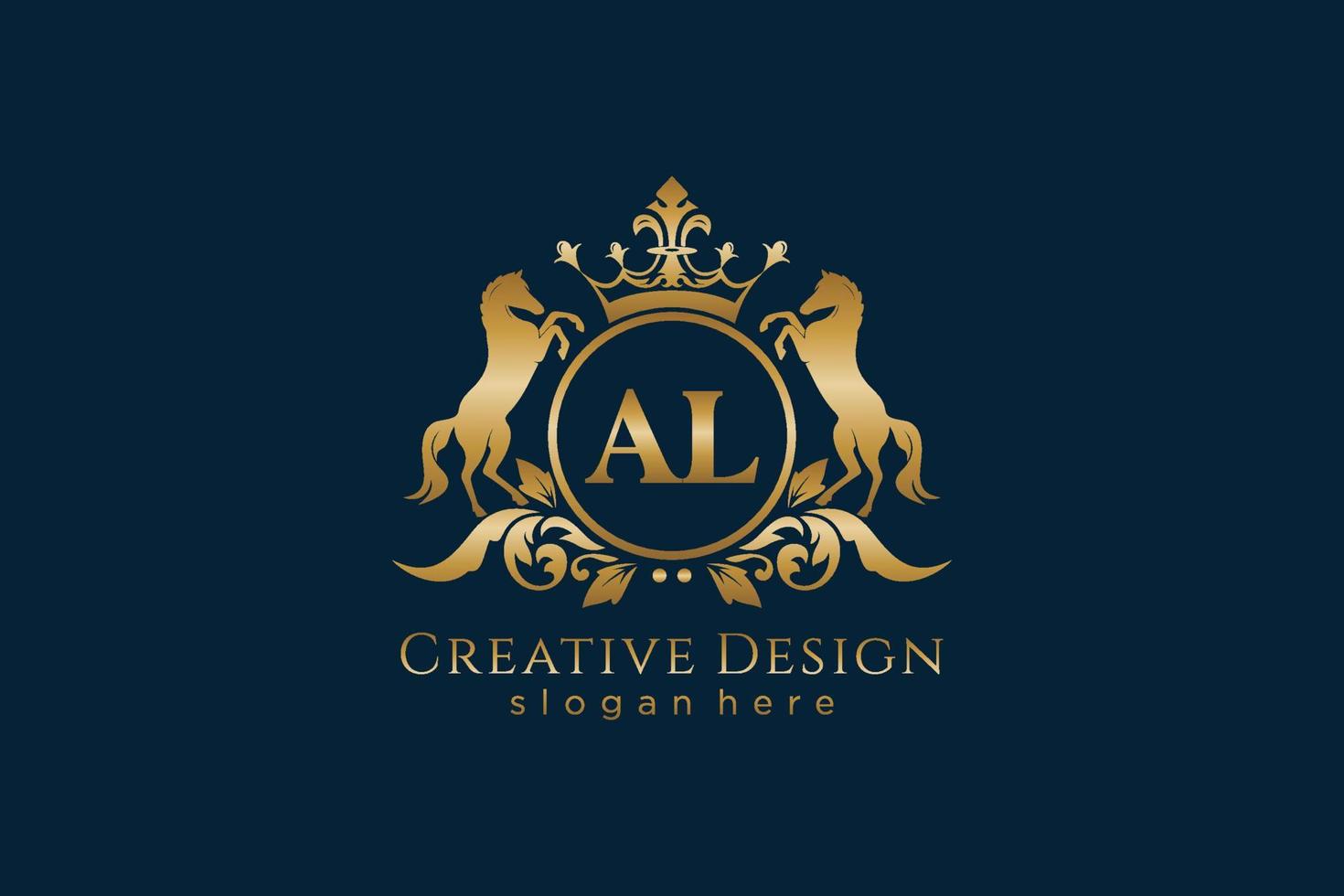 initial AL Retro golden crest with circle and two horses, badge template with scrolls and royal crown - perfect for luxurious branding projects vector