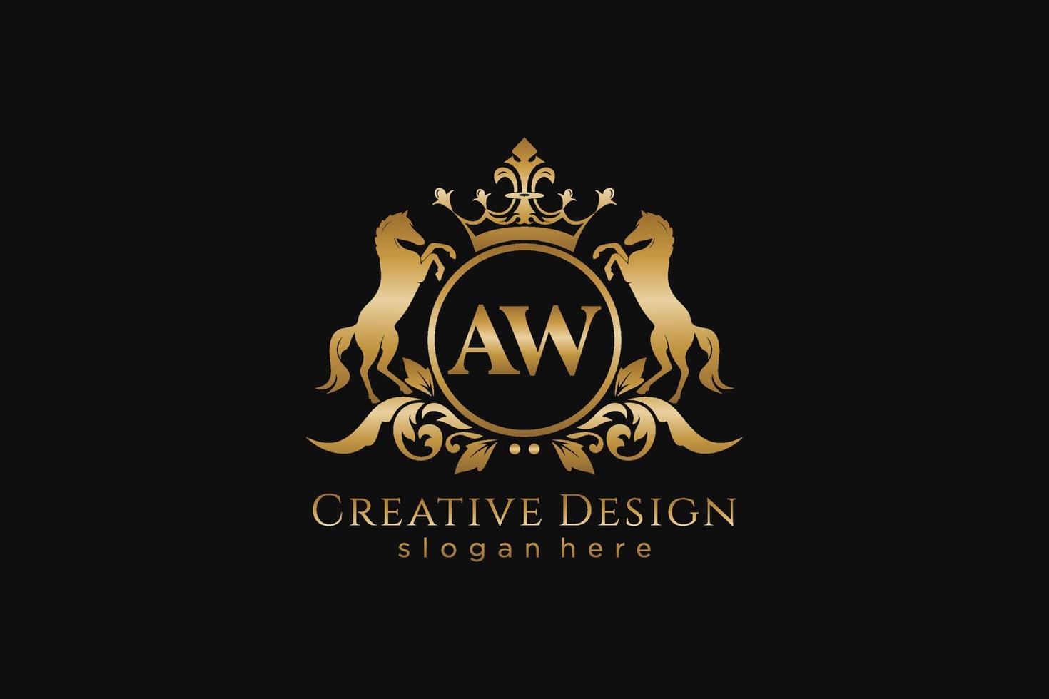 initial AW Retro golden crest with circle and two horses, badge template with scrolls and royal crown - perfect for luxurious branding projects vector