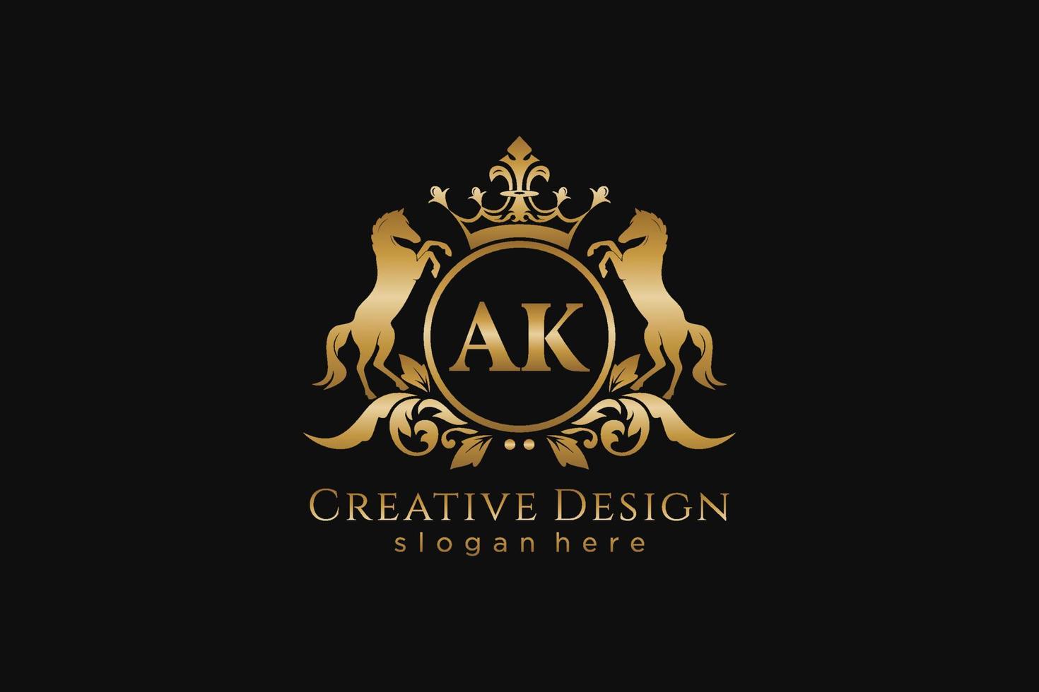 initial AK Retro golden crest with circle and two horses, badge template with scrolls and royal crown - perfect for luxurious branding projects vector