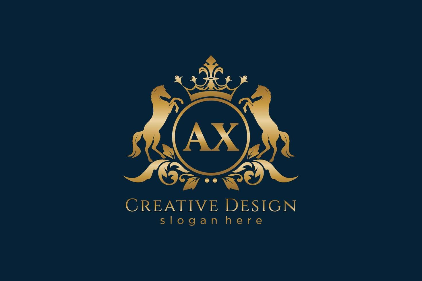 initial AX Retro golden crest with circle and two horses, badge template with scrolls and royal crown - perfect for luxurious branding projects vector