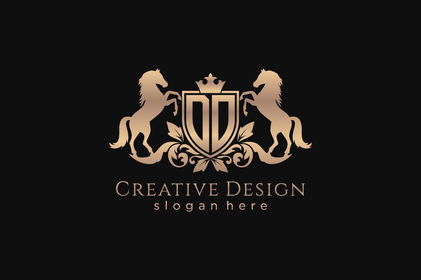initial DO Retro golden crest with shield and two horses, badge template with scrolls and royal crown - perfect for luxurious branding projects vector