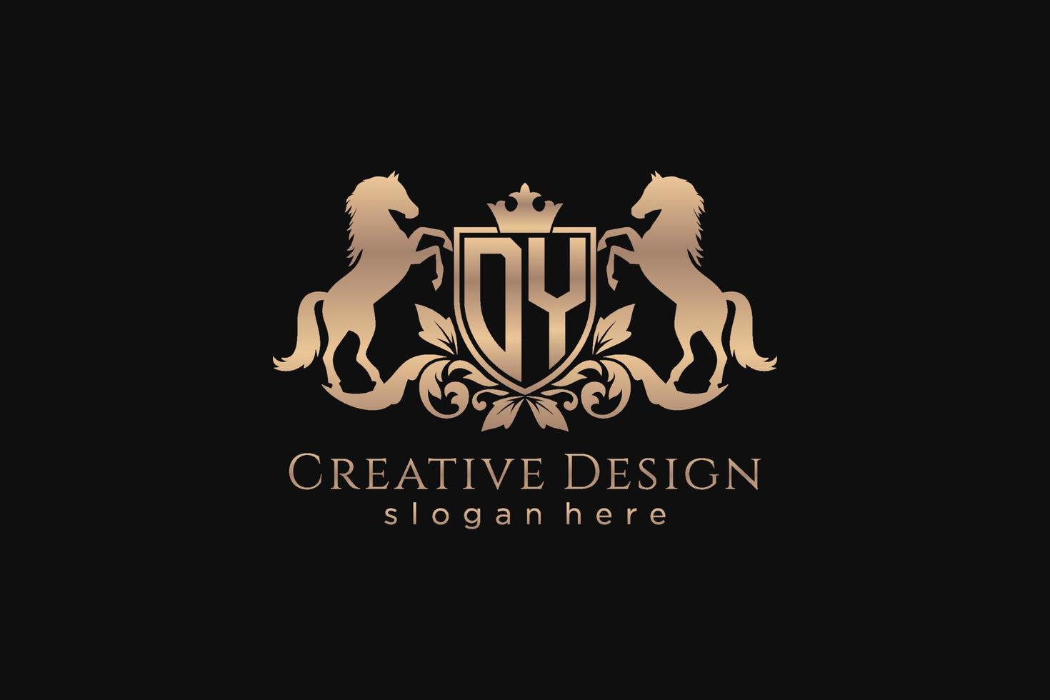 initial DY Retro golden crest with shield and two horses, badge template with scrolls and royal crown - perfect for luxurious branding projects vector