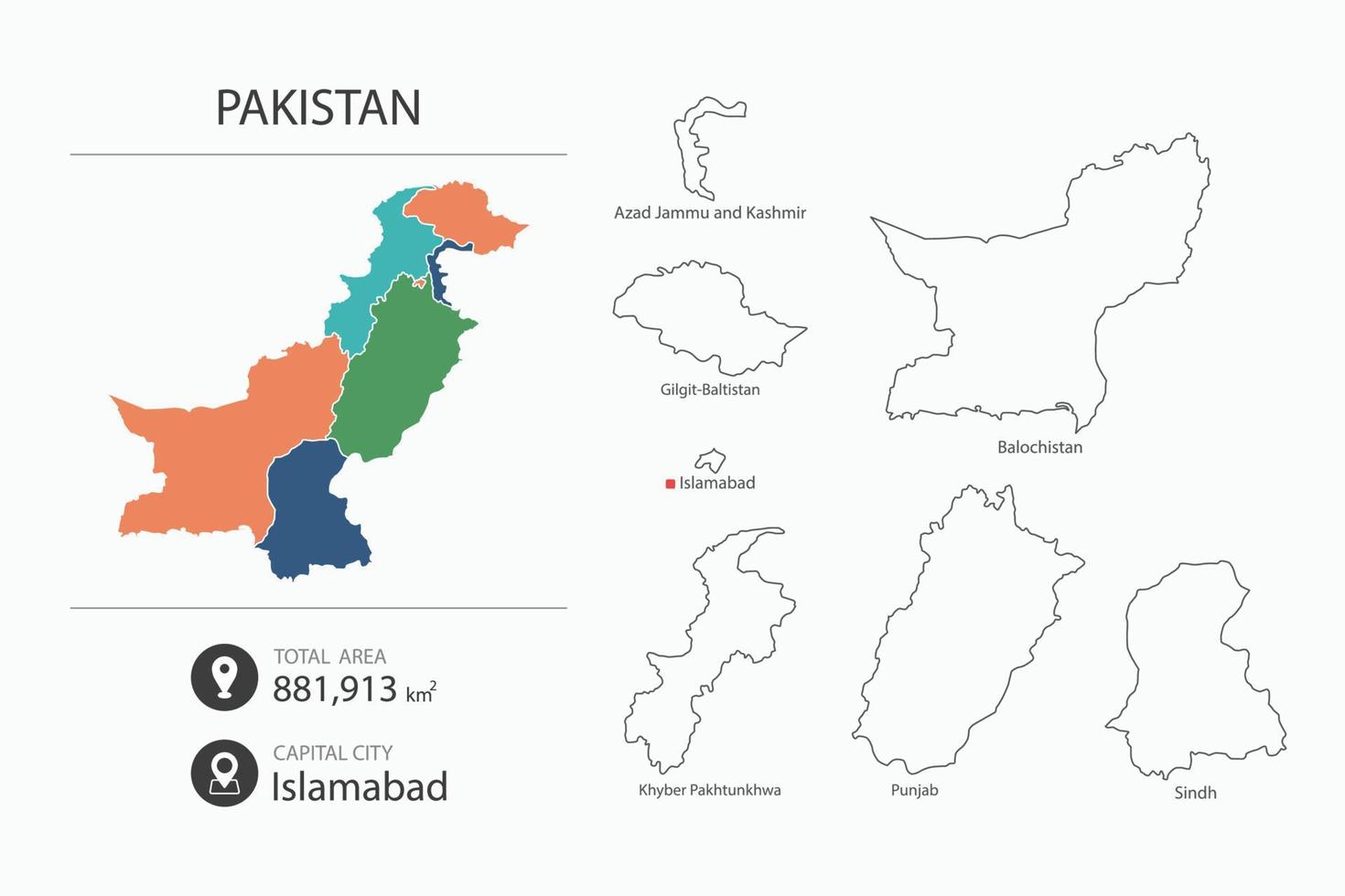 Map of Pakistan with detailed country map. Map elements of cities, total areas and capital. vector