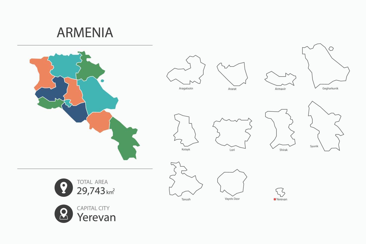 mapa de armenia con mapa detallado del país. elementos del mapa de ciudades, áreas totales y capital. vector