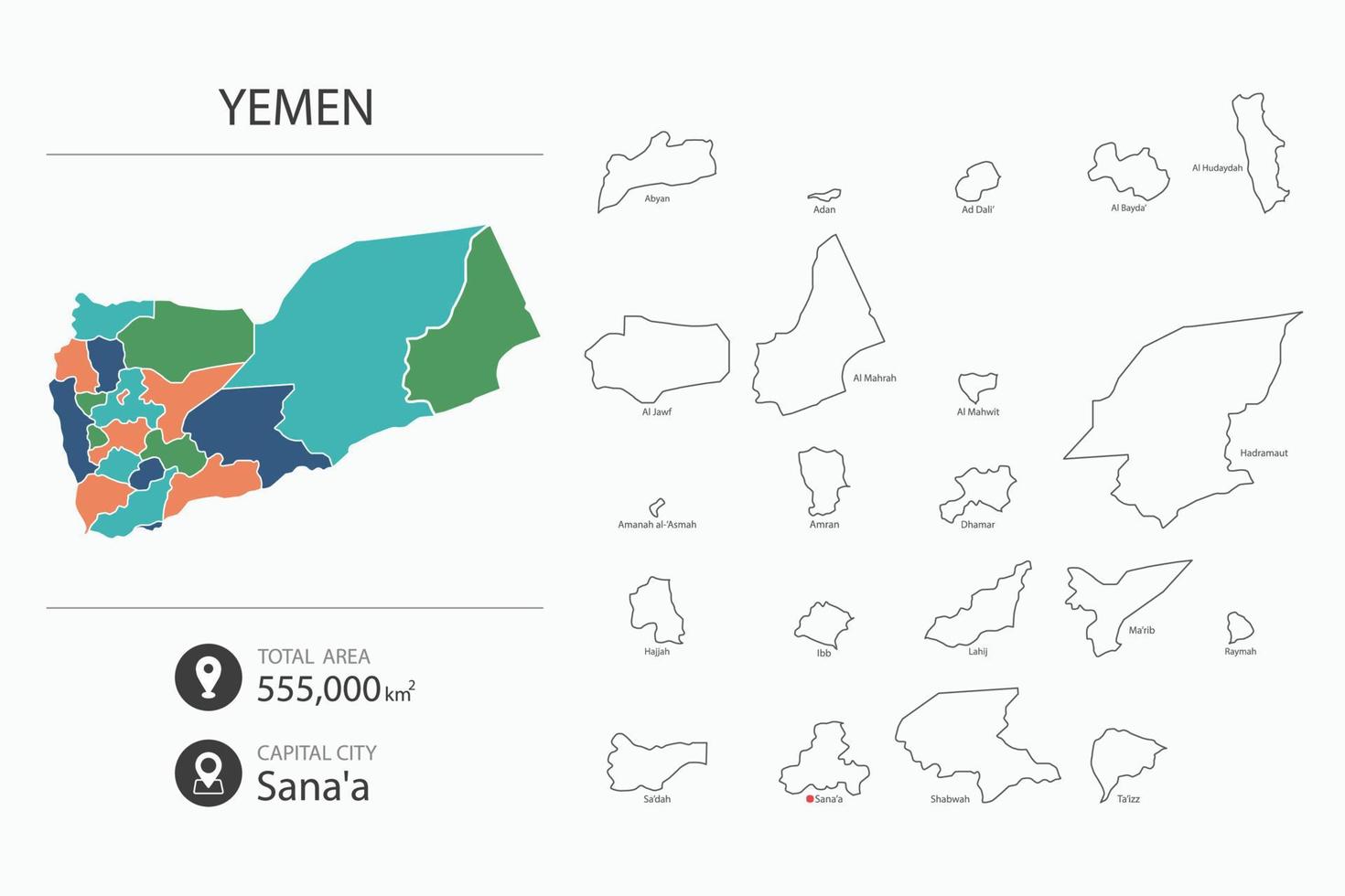 Map of Yemen with detailed country map. Map elements of cities, total areas and capital. vector