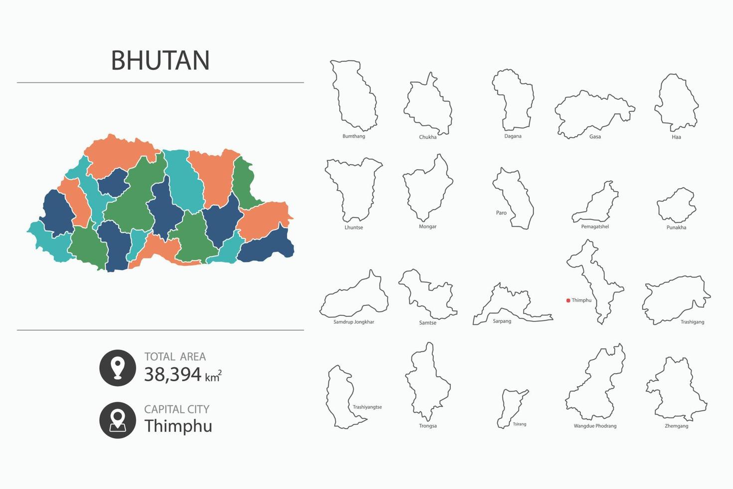 Mapa de Bután con mapa detallado del país. elementos del mapa de ciudades, áreas totales y capital. vector