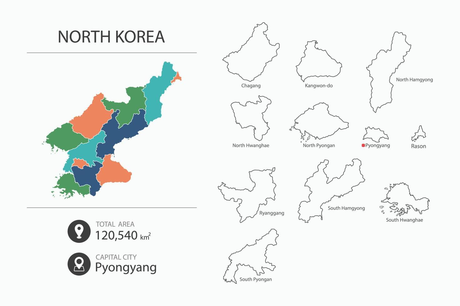 Map of North Korea with detailed country map. Map elements of cities, total areas and capital. vector