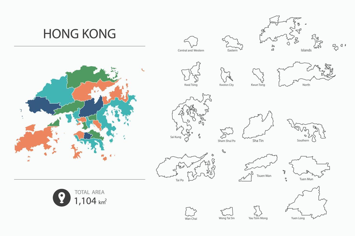 mapa de hong kong con mapa detallado del país. elementos del mapa de ciudades, áreas totales y capital. vector