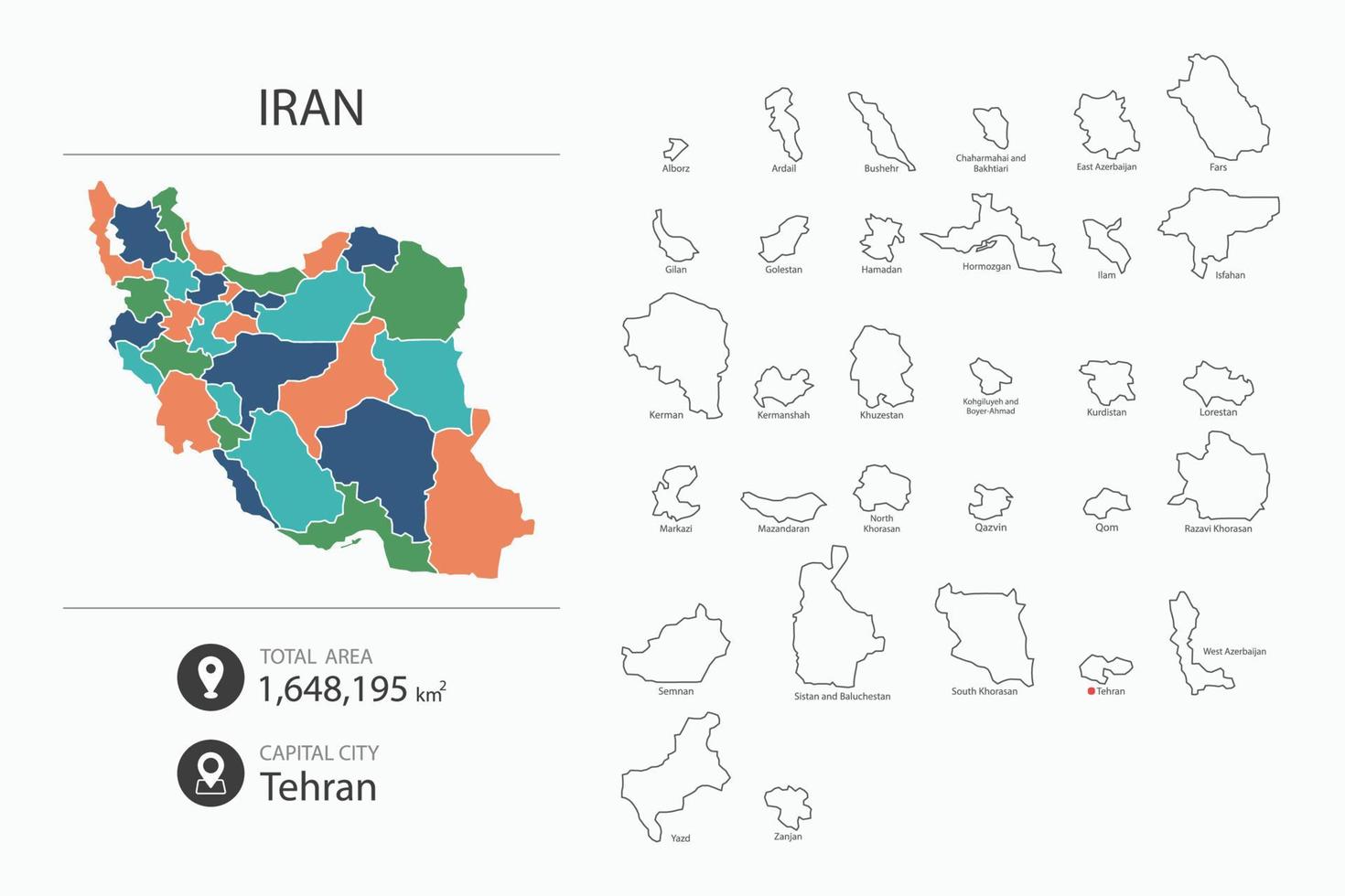 mapa de irán con un mapa detallado del país. elementos del mapa de ciudades, áreas totales y capital. vector