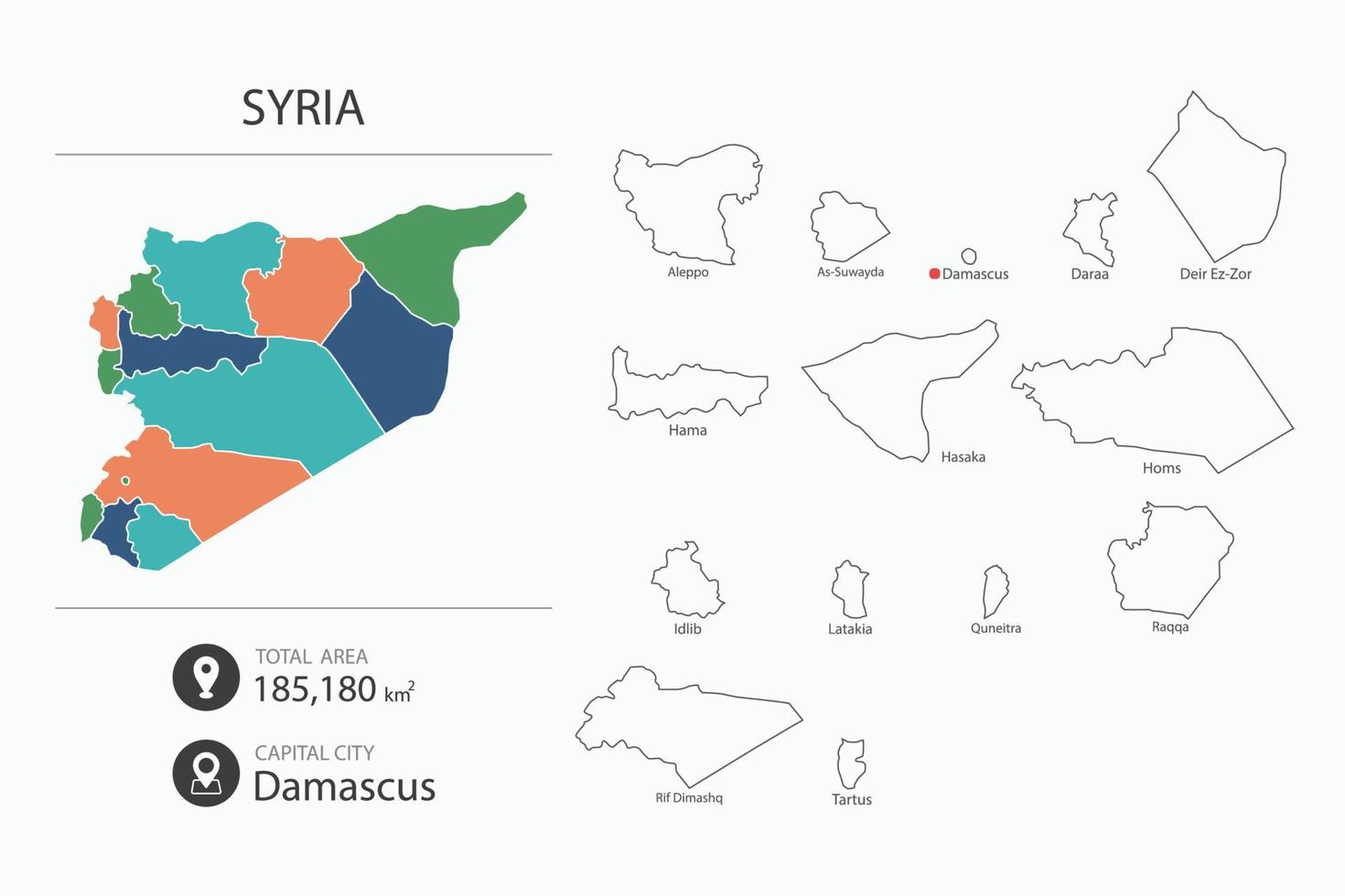 mapa de siria con mapa detallado del país. elementos del mapa de ciudades, áreas totales y capital. vector