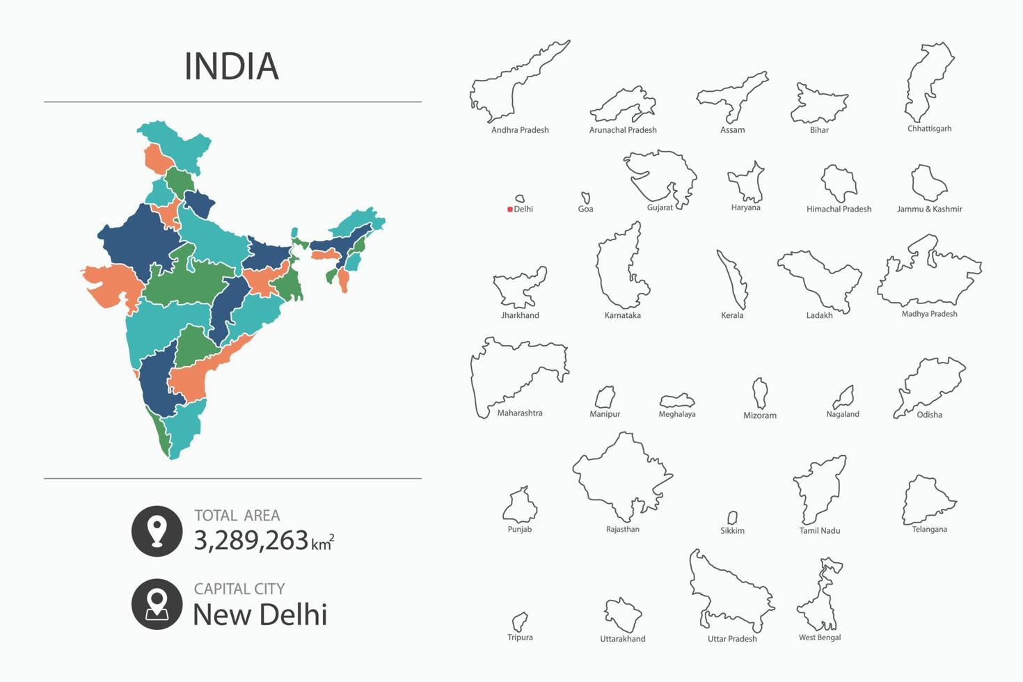 Map of India with detailed country map. Map elements of cities, total areas and capital. vector