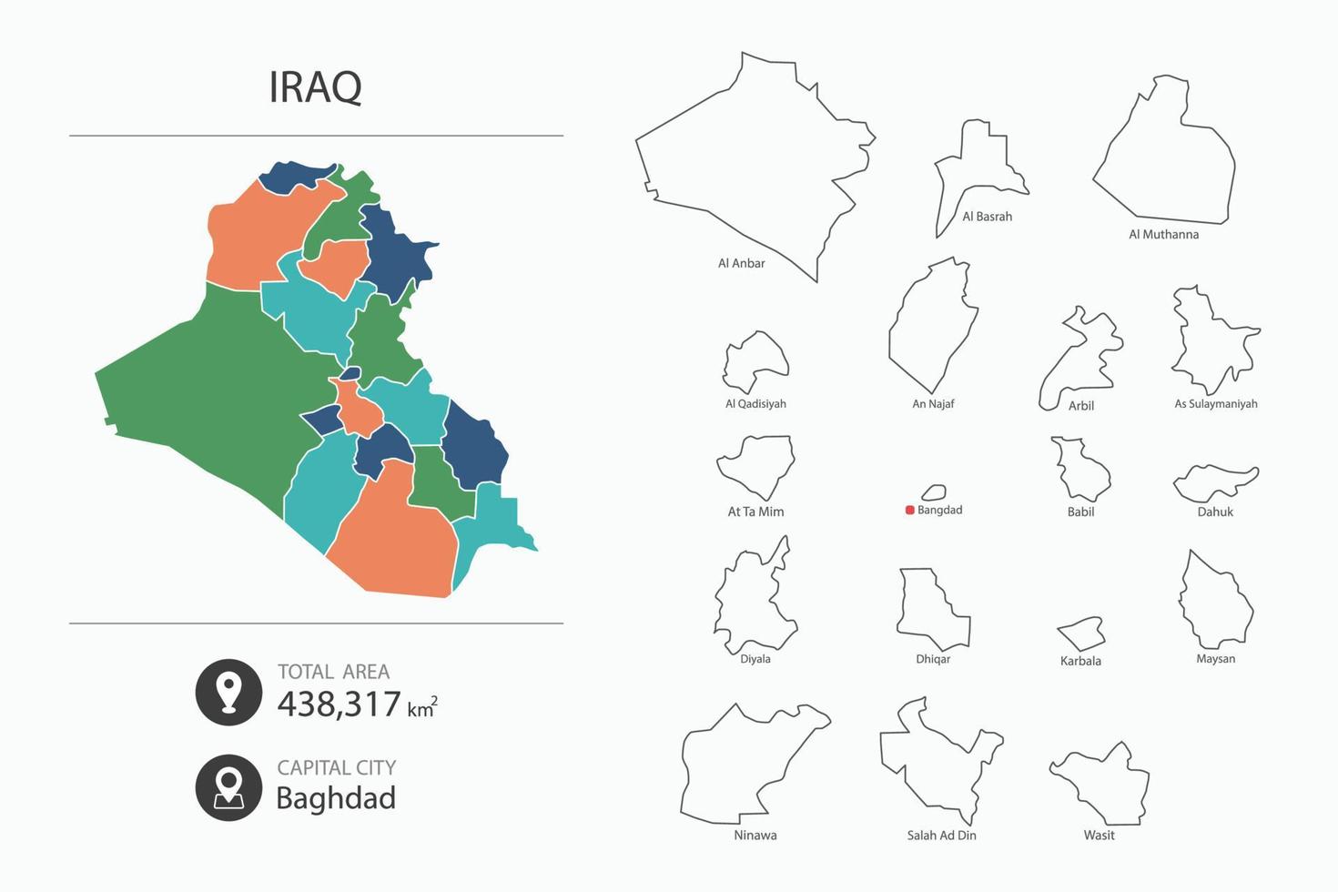 Map of Iraq with detailed country map. Map elements of cities, total areas and capital. vector