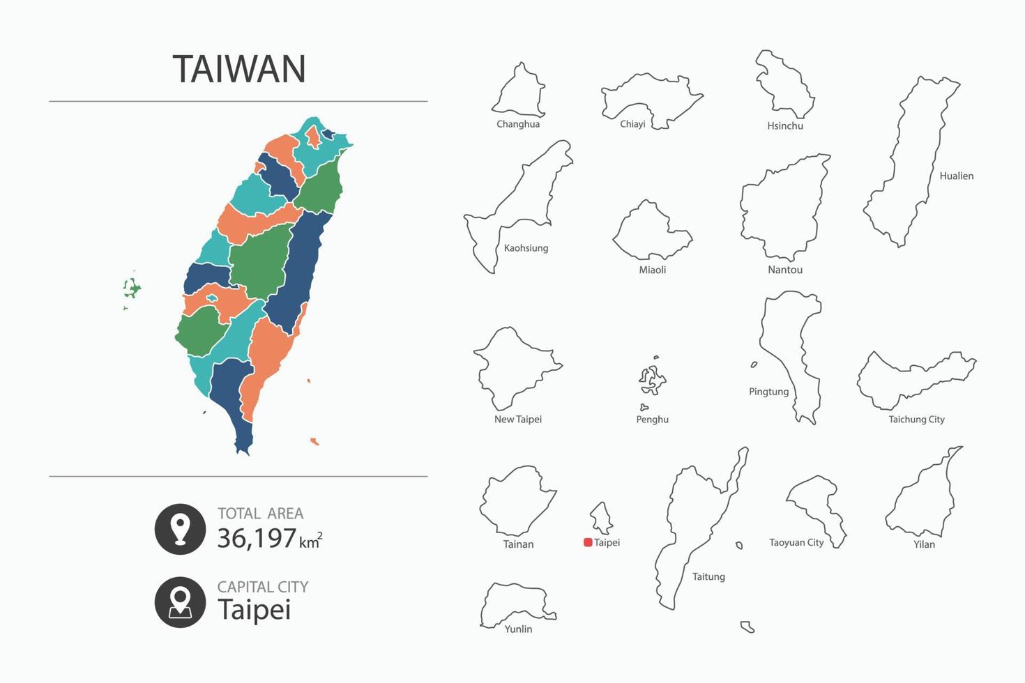 Map of Taiwan with detailed country map. Map elements of cities, total areas and capital. vector