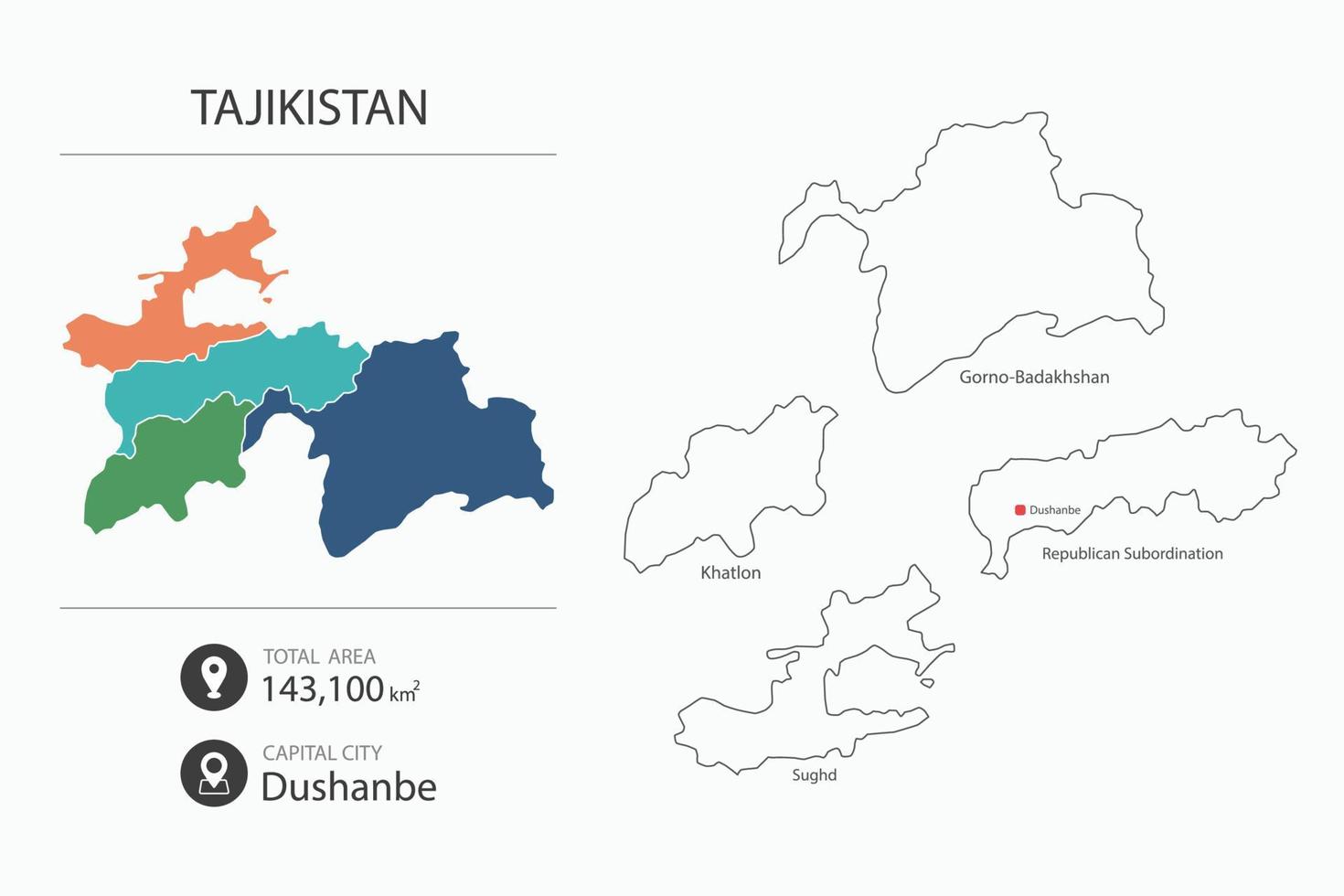 Map of Tajikistan with detailed country map. Map elements of cities, total areas and capital. vector