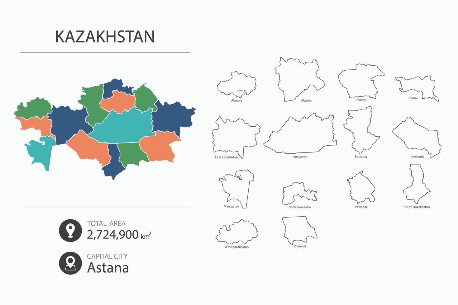 Map of Kazakhstan with detailed country map. Map elements of cities, total areas and capital. vector