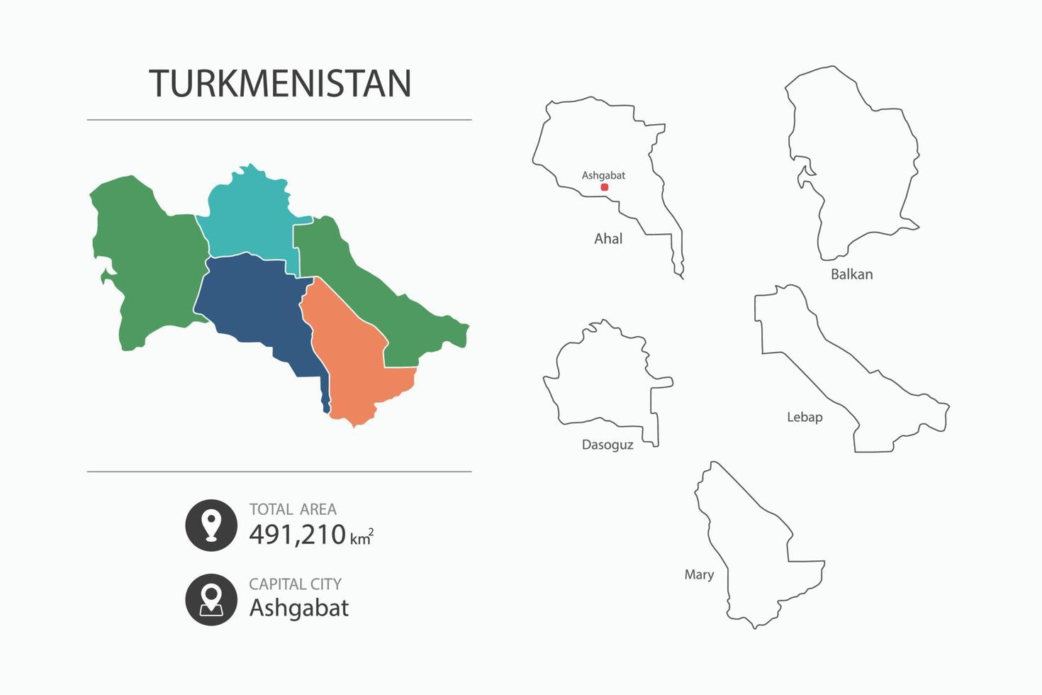 Map of Turkmenistan with detailed country map. Map elements of cities, total areas and capital. vector