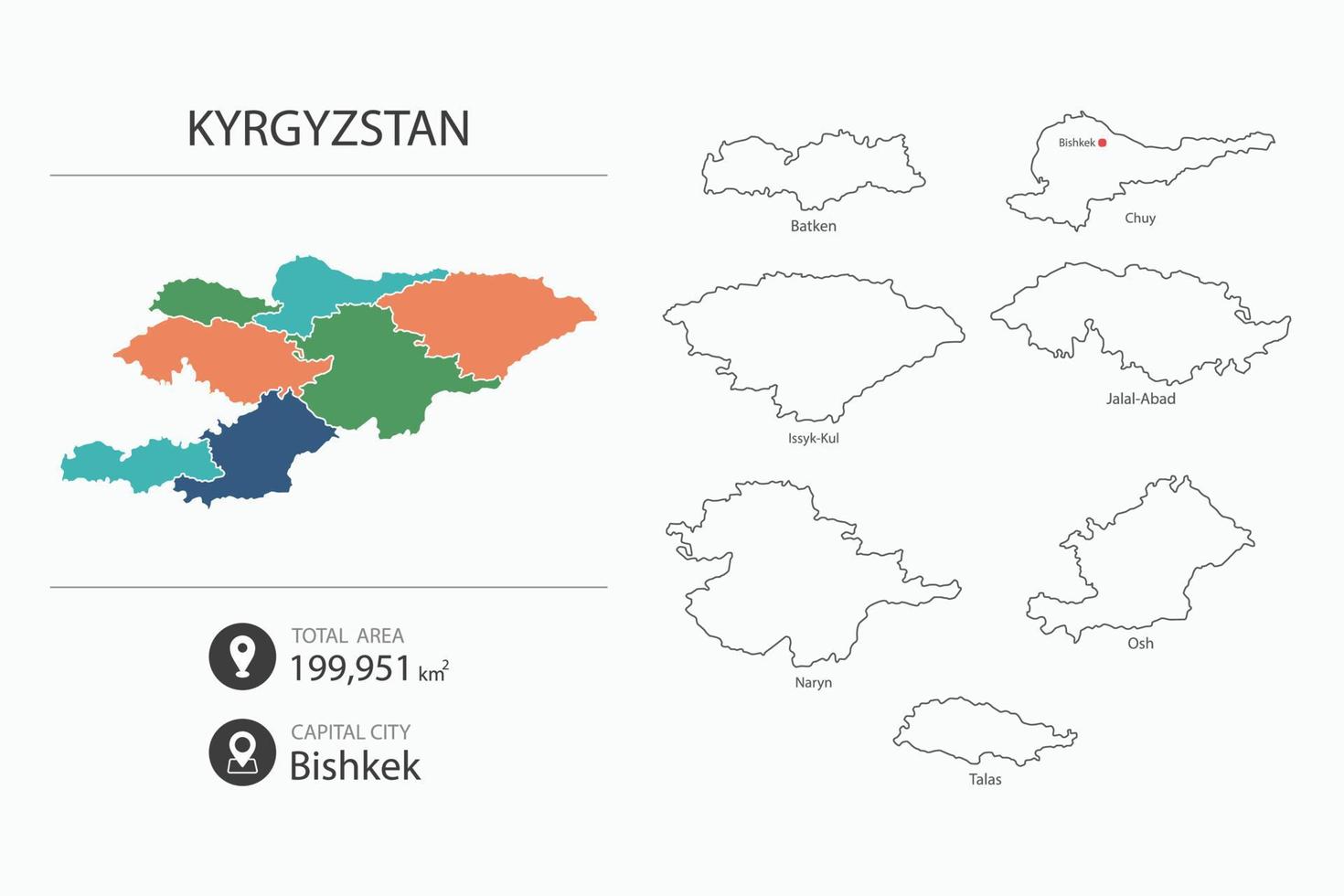 Mapa de Kirguistán con mapa detallado del país. elementos del mapa de ciudades, áreas totales y capital. vector