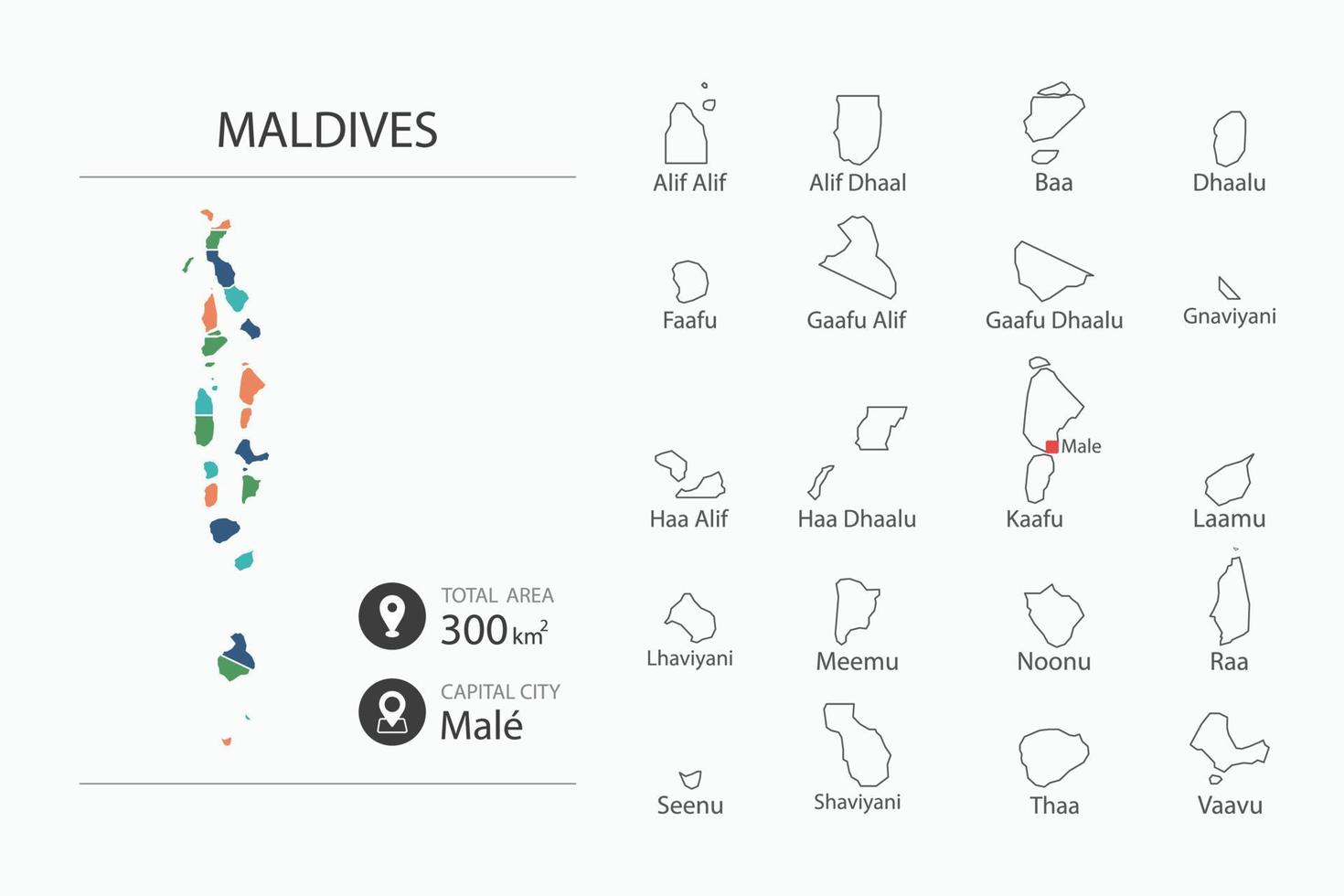 Map of Maldives with detailed country map. Map elements of cities, total areas and capital. vector